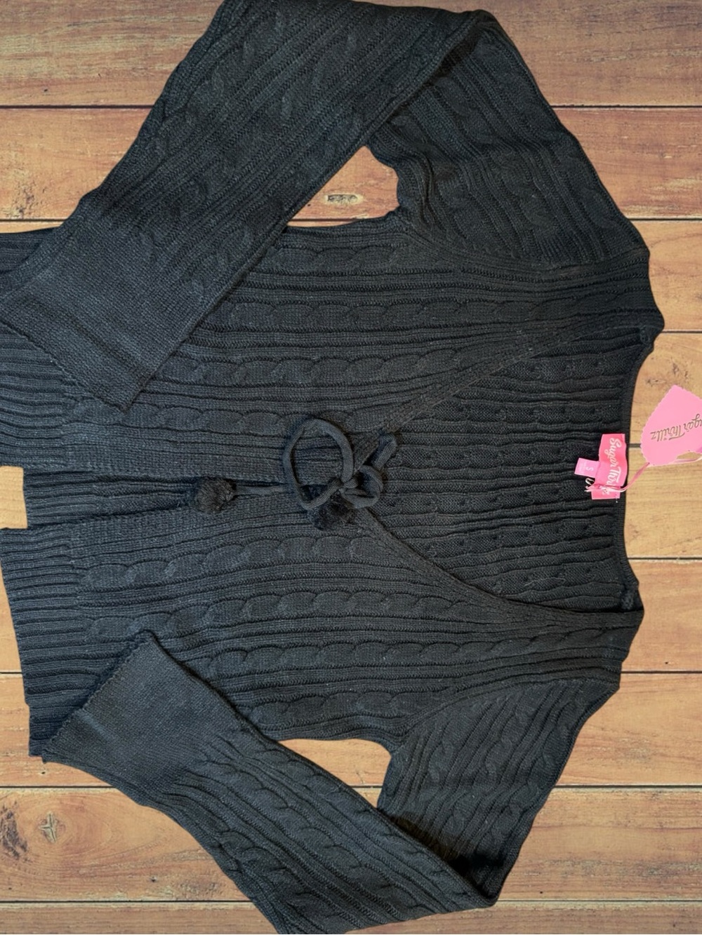 Sugar Thrillz Black Knit Open Front Adjustable Tie Lightweight Cardigan NWT S - Picture 5 of 12